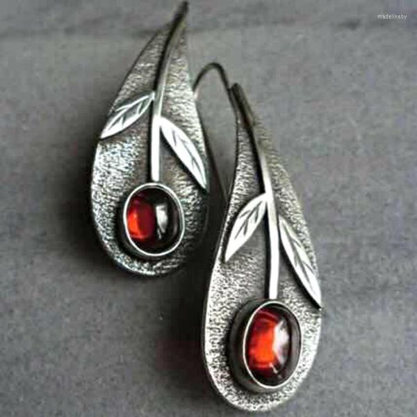 Halskette Ohrringe Set Vintage Pendientes Metall Antik Blatt Tropfen Ohrring Boho Ethnisch Roter Harzstein Für Frauen Ohrringe Geschenke Schmuck