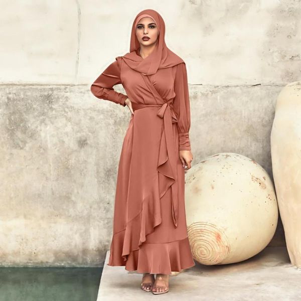 Этническая одежда оборкает мусульманские хиджаб одежда пленка спереди длинные рукава Исламские женщины Абая Дубай Турецкие скромные наряды повседневная халата