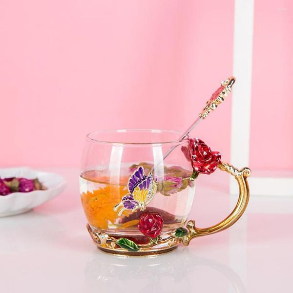 Tazas creativas azul rosa esmalte cristal taza de té café mariposa flor Painte vidrio transparente taza de agua tazas con cuchara para el hogar