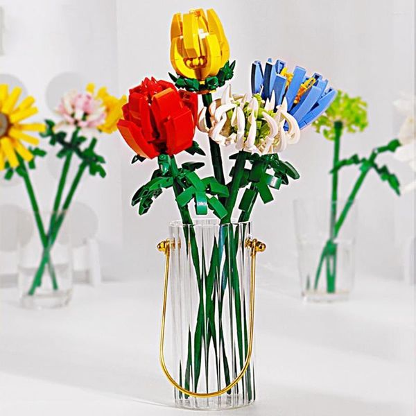 Flores decorativas Buquê de construção de flores ajustável Buquê 3D Plantas em vaso de tijolos Kit Educacional DIY Decoração Infantil Toy Child