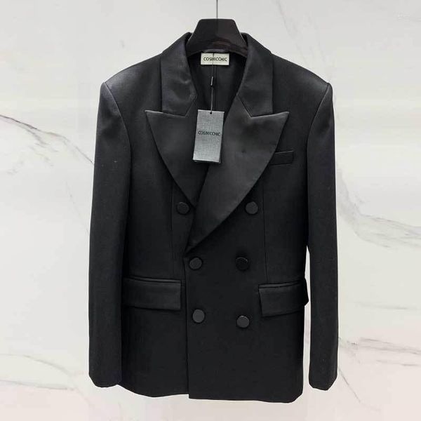 Giacche da donna Moda Giacca di lana nera Cappotto Pista Desgin Doppio petto Risvolto Vita Giacca da smoking allentata Ufficio Spalline da donna