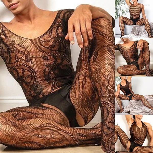 Herrensocken Männer Fetisch Spitze Unterwäsche Männer Body Strümpfe Mann Fischnetz Bodys Crotchless Dessous Sissy Overall Männliche Erotik