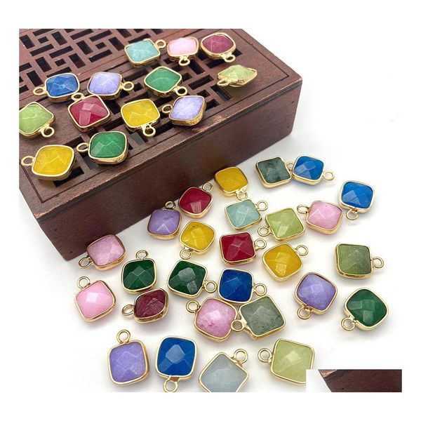 Charms 11 x 15 mm Gold Bunding Edge Square Naturkristall Jade Stein Grün Blau Quarz Anhänger Trendy für Schmuckherstellung Großhandel Dr. Dhloh