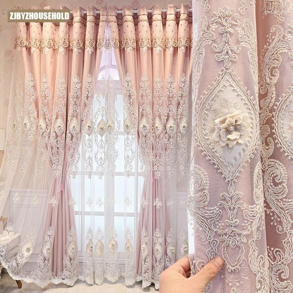Cortinas de cortina para sala de jantar quarto quarto personalizado em estilo europeu de fios de pano rosa de camada dupla integrada alívio acabado