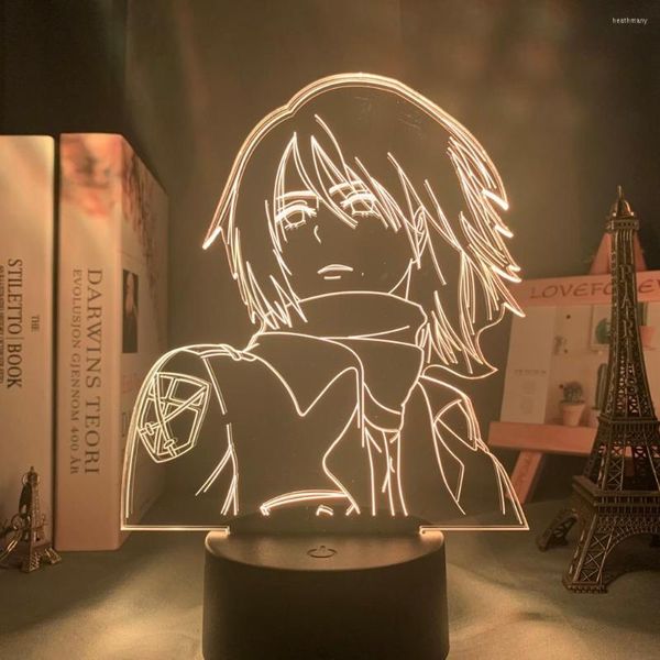 Luci notturne 3D Led Light Anime Attack On Titan Mikasa Ackerman Lampada per la decorazione della stanza Cool regalo di compleanno Batteria da comodino
