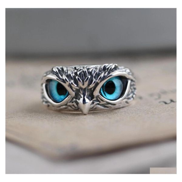 Con pietre laterali Retro Blue Eye Owl Anelli Sier regolabili Uomini e donne carini Design semplice Anello animale Gioielli Goccia all'ingrosso Consegna Dhbot