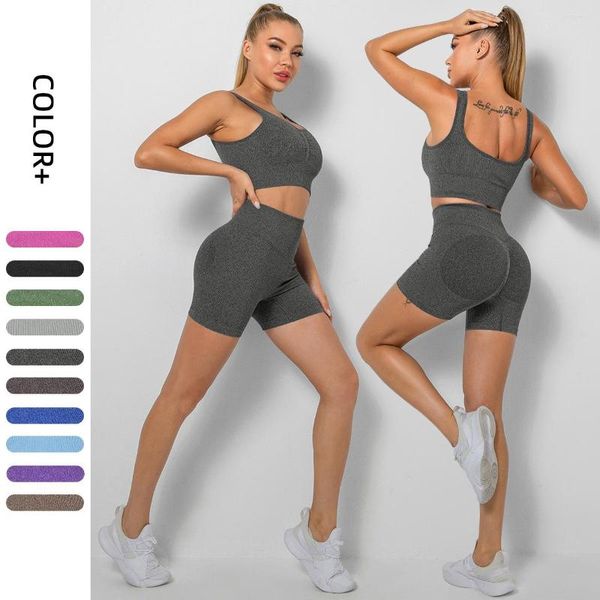 Aktive Sets 2pcs gestrickt nahtlos falten Pfirsich -Hüftlebeschurke Legging Yoga -Gewinde Shorts Sport Fitness BH Set Fitnessstudio -Kleidungsstraße