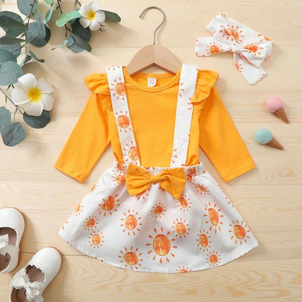 Autumn 3-Piece Baby Girl Dress Set with Sun Printed Bow Suspender Skirt and newborn headband bows - Solid Long Sleeve Romper for Toddler and Infant Girls (0-24M)