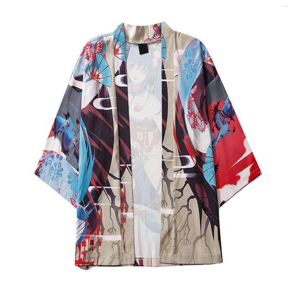 Camisas casuais masculinas Men solto Aberto dianteiro 3/4 Manga Kimono Japaneses Print Cover Up Cardigan Camisa Holgada Hombre