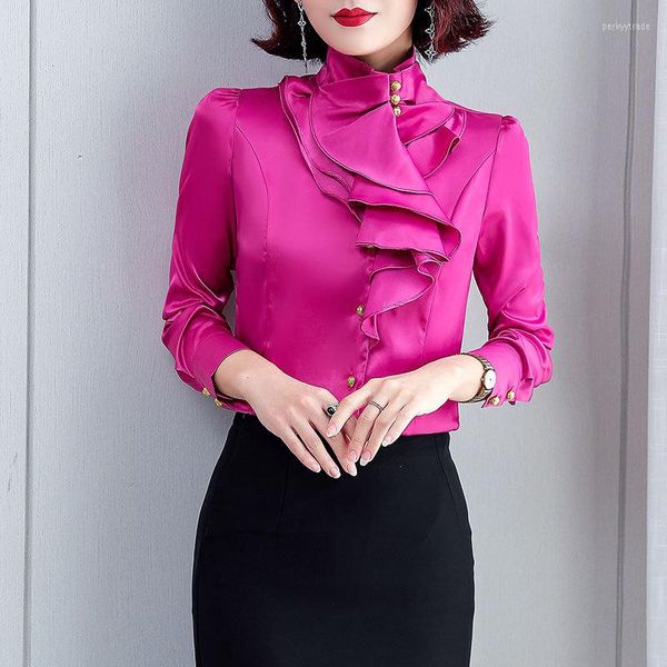 Frauenblusen Mode koreanische Frauen ol Büro Damen Pink Hemd High Neck Rüschen Rüschenmanschetten Hemden Frauen Bluse Vintage Elegant Femme