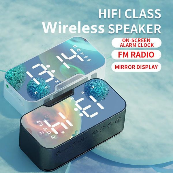 Altoparlanti combinati Specchio LED Sveglia digitale Compatibile con Bluetooth Wireless con display della temperatura Radio FM multifunzione rettangolare