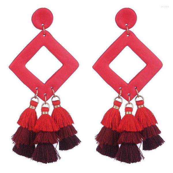 Brincos Dangle Manual de recorte geométrico Polímero de argila Rhombus Triple Tassel For Women Red Black Color Bohe Jóias Presente por atacado