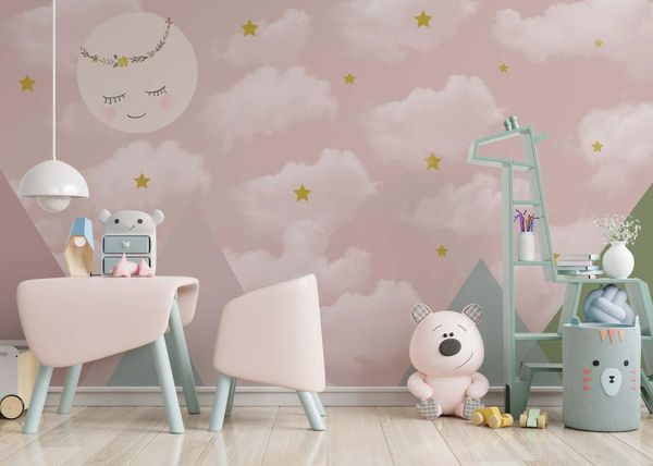 Hintergrundbilder Rosafarbene Tapete – Rosa Wolken und Monde – Abziehbares Wandposter – Kinderzimmer-Dekoration – Benutzerdefinierte Größe – MUR2289