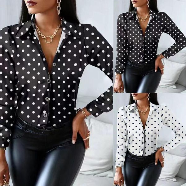 Blouses feminina Vintage Dot Polka Camisa Mulheres 2023 Autumn Elegant Office Ladies Blusa Fashion Lapela Botões de manga longa Tops casuais