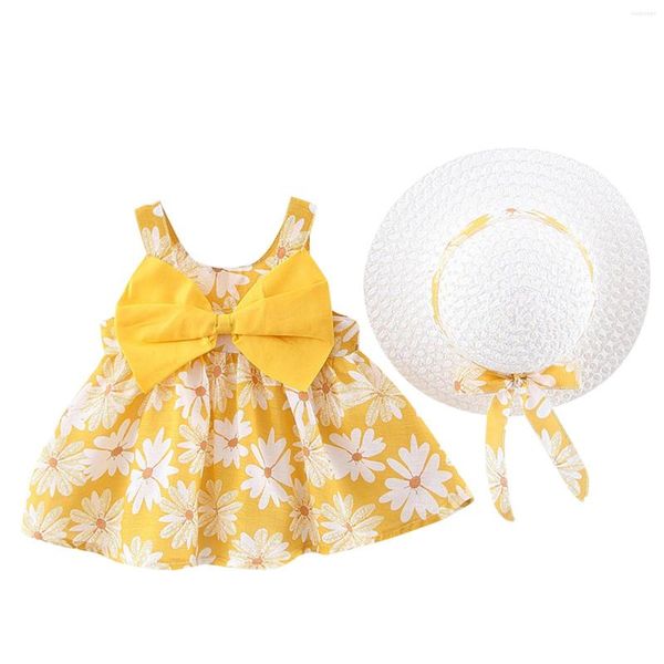 Vestidos de menina arco baby babados vestido infantil vestido floral praia mangas de férias de criança de praia 0-3y Princess Summer Girls Hat Set Set