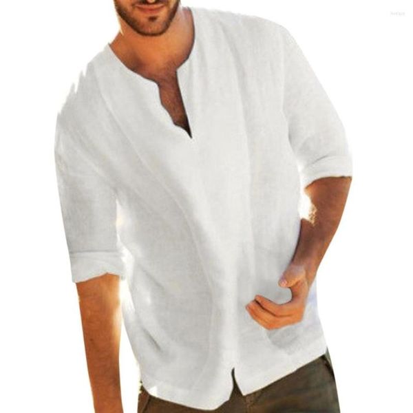 Camisetas masculinas homens homens casuais manga longa v pescoço corta bainha linho de algodão linear de algodão top