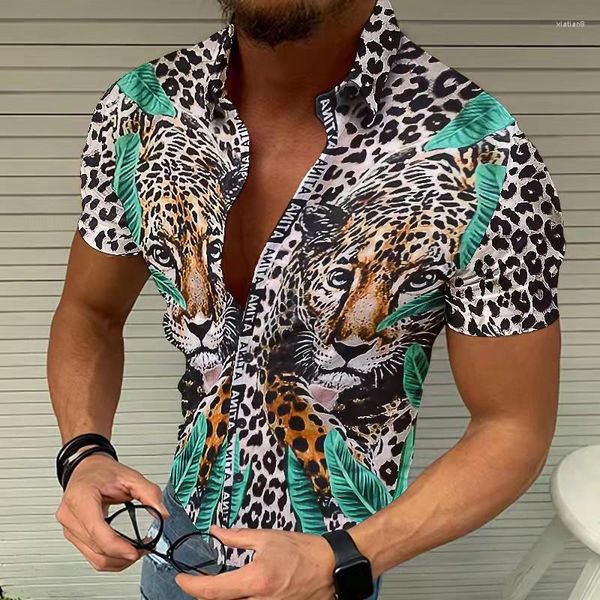 Männer Casual Hemden Vintage Herren Tiger Leopard Gedruckt 2023 Sommer Mode Kurzarm Drehen Unten Kragen Button Up Hemd Männlich 3XL