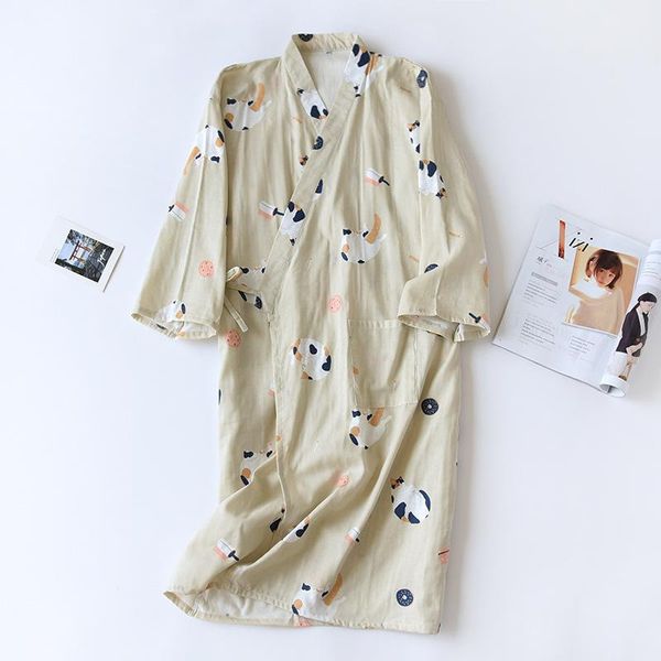 Ande de sono feminino japonês Kimono Bathrobe Nightdress Summer e Autumn Cotton Gaze Sleeved Service Saiuna Robs Rob Rob