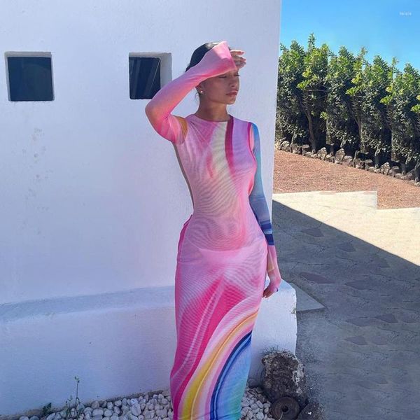 Abiti casual 2023 Moda estiva Abito lungo dritto sottile senza schienale sexy Stampa manica in pizzo Vacanza in stile spiaggia Elegante pezzo unico