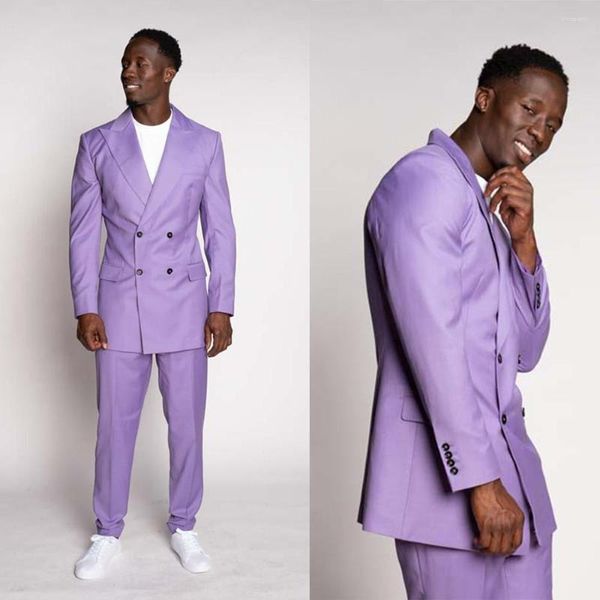 Abiti da uomo Noble Purple Men Smoking da sposa Risvolto con visiera Doppio petto Abiti da ballo su misura (pantaloni giacca) Costume D'homme