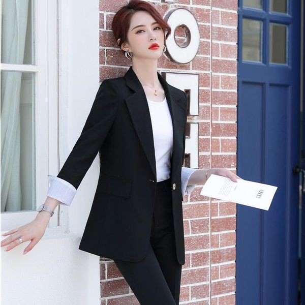 Ternos femininos Chegada moda feminina Black Blazer Mulheres Jaqueta de roupas de roupas compridas de manga longa estilos de uniformes de escritório elegantes do OL Blazers