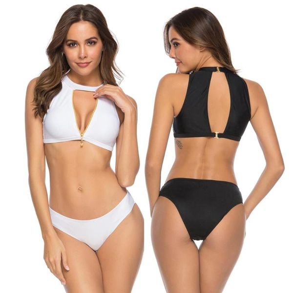 Damen-Bademode, sexy Damen-Reißverschluss vorne, hohl, hoher Kragen, Schnalle hinten, Ausschnitt, Schwimm-Crop-Tankini, zweiteiliger Badeanzug, Bikini-Set