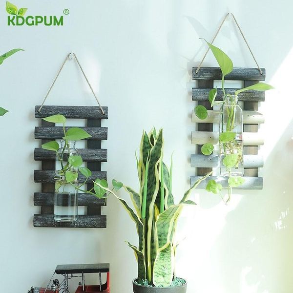 Vasen Glas- und Holzvase Terrarium Tischplatte Hydroponik Pflanze Bonsai Blumentopf De Fleur Hängender Pflanzer Home Decor Macetas