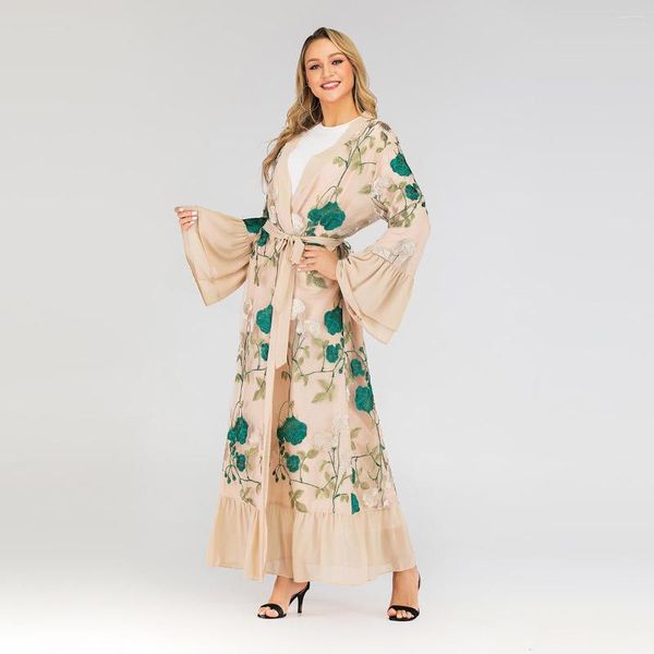 Etnik Giyim Müslüman Kadın Nakış Boho Kimono Hırka Şifon Bluz ROUPAS Feminina Plus Boyut Uzun Kimonos Mujer Verano Abaya Dubai