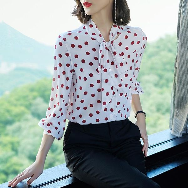 Frauen Blusen Shirts Marke OL Chiffon Bluse 2023 Frühling Sommer Hemd Polka Dot Bogen Boutique Pendler FemaleWomen's