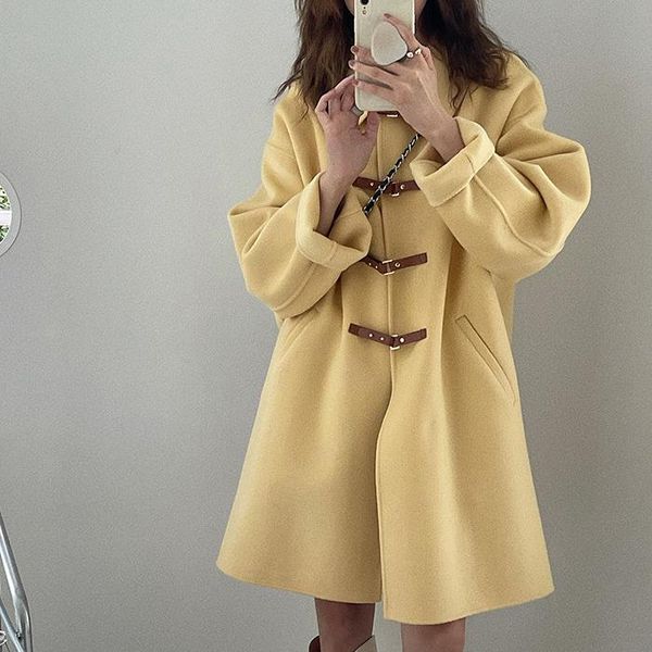 Misto lana da donna Cappotto lungo di lana autunnale Top da donna Abbigliamento invernale Giacca a doppio lato Donna Cappotto con bottoni in corno Caldo soprabito in cashmere