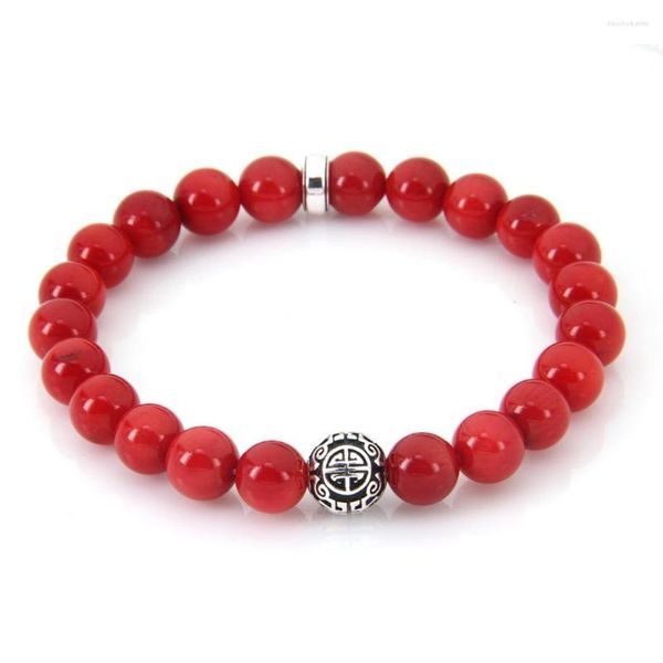 Strang 8 MM Obsidian Rote Koralle Perlen Elastisches Armband Mit Großen Segen Symbol Perlen Naturstein Armbänder