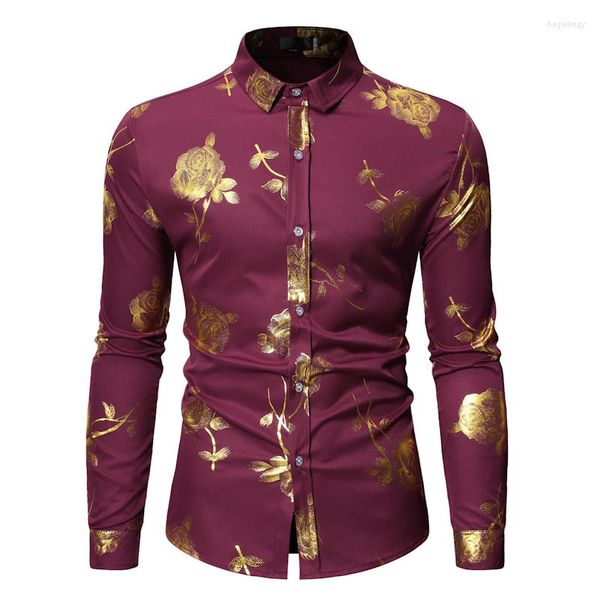 Ethnische Kleidung KALENMOS Gold Rose Blumendruck Hemden Männer Muslim Hip Hop Punk Chemise Revers Hochzeit Party Bronzing Camisa Masculina Afrika