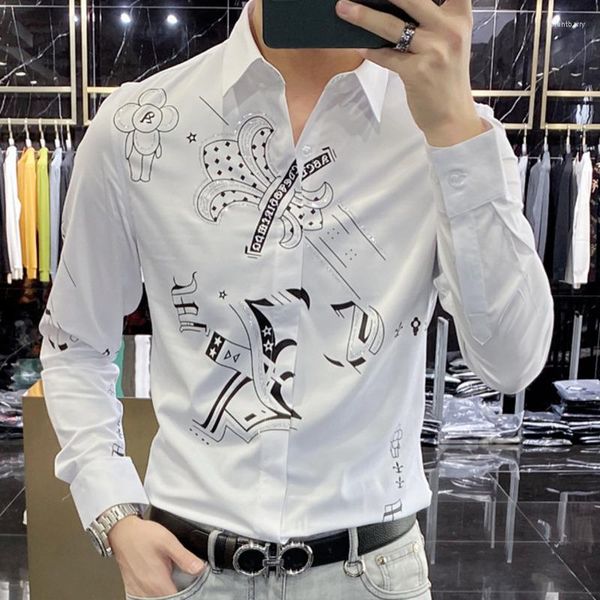 Camisas casuais masculinas camisa de shinestones Men vestido de cores contrastantes de manga longa de manga longa costura camisetá masculina branca