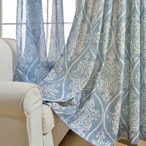 Tenda 2023 Vendita tende moderne in stile cinese stampate in cotone e poliestere blu semplici per la camera da letto della sala da pranzo