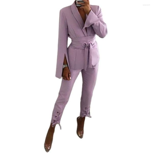 Ternos femininos moda roxo feminino blazer com cinto sexy decote em V formal escritório senhora calças terno festa de formatura casamento (jaqueta calça)