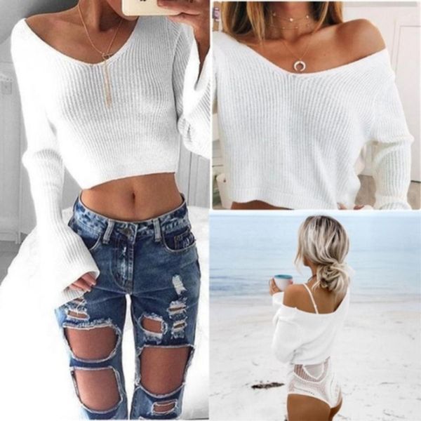 Frauen Pullover Sexy Pullover Herbst V-ausschnitt Langarm Stricken Crop Top Off Schulter Jumper Feste Kurze Pullover T-shirt Streetwear