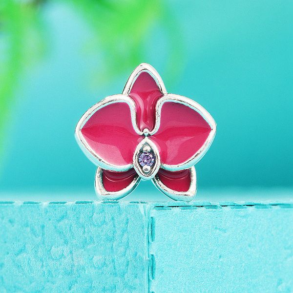 925 Серебряная серебряная орхидея Эмаль розовая сумка CZ подходит для европейских ювелирных украшений в стиле Pandora Bracelets