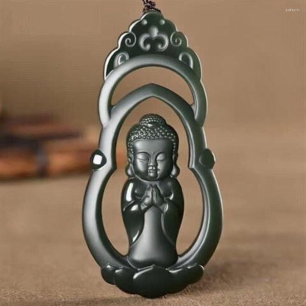 Anhänger Halsketten Natürliche A Hetian Jade Handgeschnitzte Talisman Schwarz Buddha Grün Einzigartiges Design Jadeit Halskette Männer Schmuck