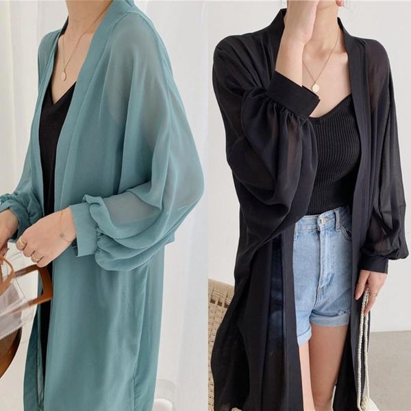 Damen-Bademode, Chiffon-Strickjacke, Damen, Büro, Bohemian-Stil, Sommer, Strandkleidung, lange Kimono-Tunika, Tops, Bluse, Hemd, Sarong, Plage