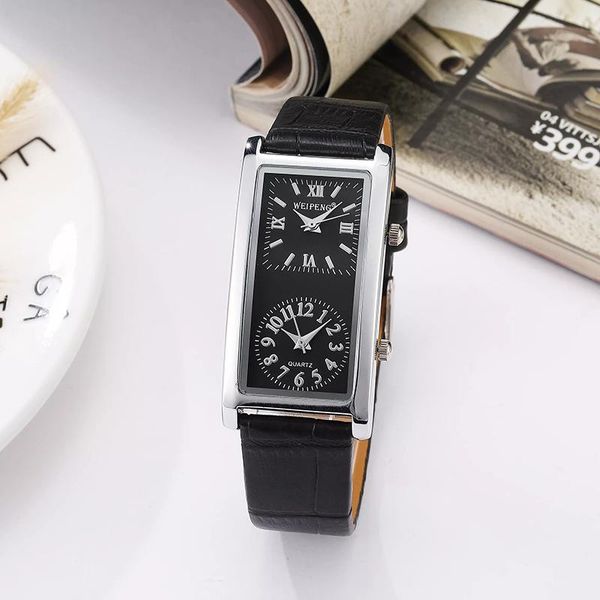 Armbanduhren Stil Marke Mode Lässig 2 Zifferblatt Zeitzone Quarz Damenuhr Schwarz Weiß Elegantes Lederarmband Für Frau Uhr