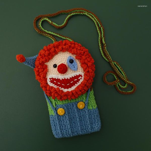 Abendtaschen, kreativ, handgefertigt, Cartoon-Clown, stilvoll, gestrickt, Beutel, Damen-Umhängetasche, Mädchen, Kinder, lässig, weich, klein, Mini-Telefon-Umhängetasche