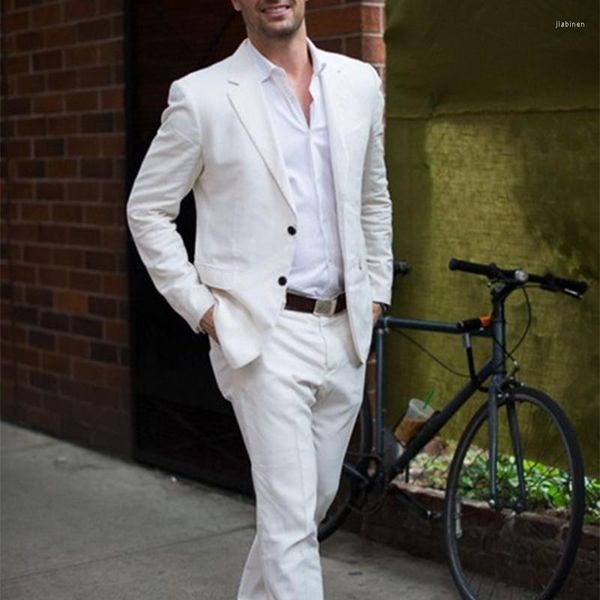 Ternos masculinos mais recentes casaco de calça designs de marfim/linho branco masculino casual de 2023 Summer praia smoking