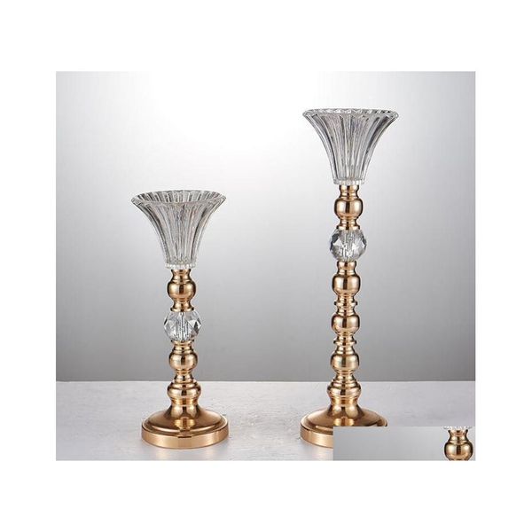 Decorazione per feste Colore oro Cristallo con perline Supporto per fiori Candeliere Candelabro Portacandele Centrotavola per matrimoni Decor Vaso S Dhg7X