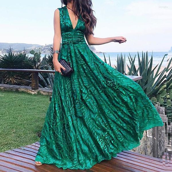 Abiti casual 2023 verde sexy profondo scollo a V stampato abito da sera formale abito da ballo signora elegante senza maniche vita alta cocktail party vestido