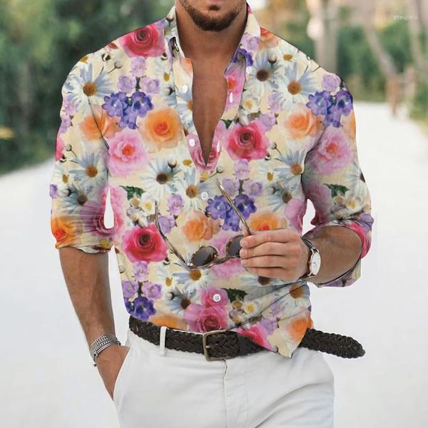 Männer Casual Hemden 2023 Herbst Slim Rose Blume Männer 3D Druck Langarm Mode Marke Party Urlaub Hemd Herren Kleidung s-5XL