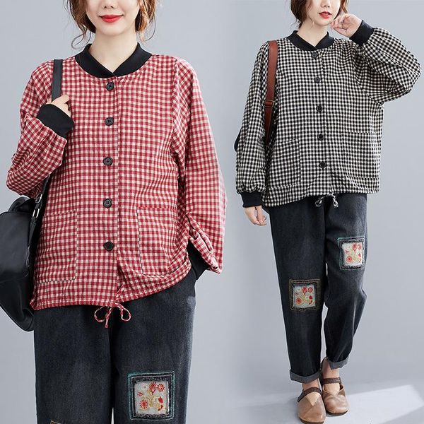 Damenjacken Herbst Lässige Frauen Langarm Plaid Print Vintage Kurzmantel Jacke Leinen Einreiher Lose Frühling Damen