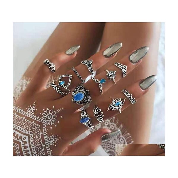 Bandringe Ancient Sier Knuckle Ring Sets Crown Heart Elephant Turtle Stapeling Midi Set Women Mode Schmuck 13pcs/Set Drop Delivery Dhjlf