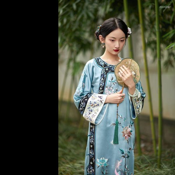 Abbigliamento etnico 2023 Autunno tradizionale cinese girocollo blu stampato abiti lunghi cheongsam da donna
