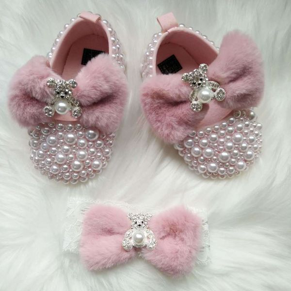 First Walkers Dollbling Pink Furry Cute Bear Bow Bling Rhinestones Handmade Princess born Baby Girl Shoes Wedding Party Ballet DIY Infant 230114