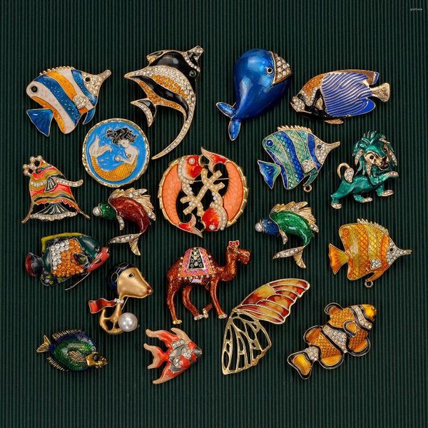 Broschen Vintage Frauen Tier Insekt klassische Emaille Kristallabzeichen Mode Retro Fisch Schmetterling Schnalle Lappel Pins Kleidung Pin